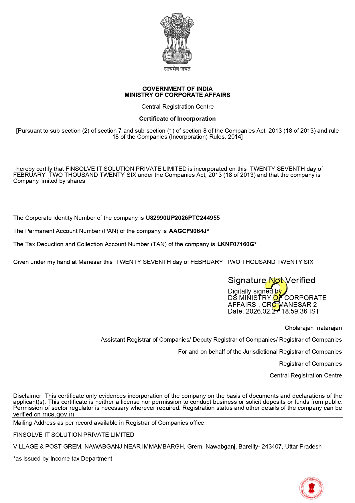 TAN Certificate